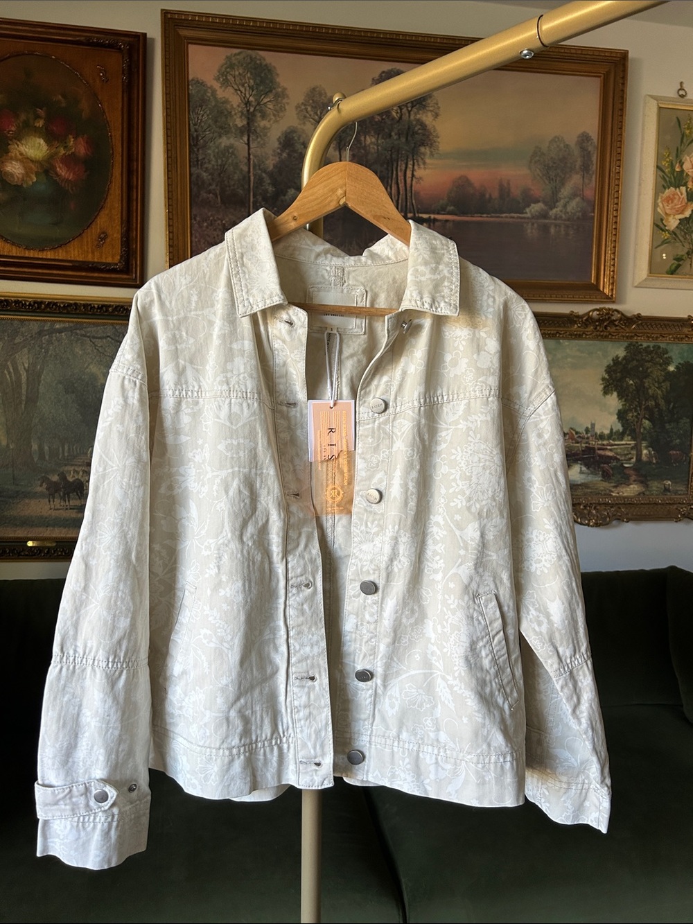 NWT! Risen Jeans Oversized Light Beige Floral-Print Jean Jacket